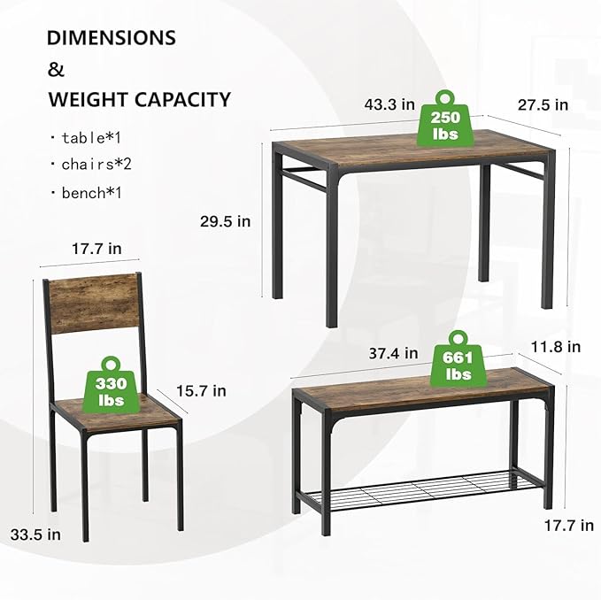 Kitchen Table and 2 Chairs for 4 with Bench, 4 Piece Dining Sets for Small Space, Rustic Brown - LeafyLoom