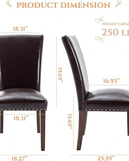 Parsons Dining Chairs Set of 4, Upholstered Nailhead PU Leather Dining Room Kitchen Side Chair with Thick Cushions and Wood Legs, Dark Brown - LeafyLoom