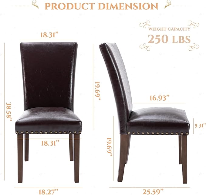 Parsons Dining Chairs Set of 4, Upholstered Nailhead PU Leather Dining Room Kitchen Side Chair with Thick Cushions and Wood Legs, Dark Brown - LeafyLoom