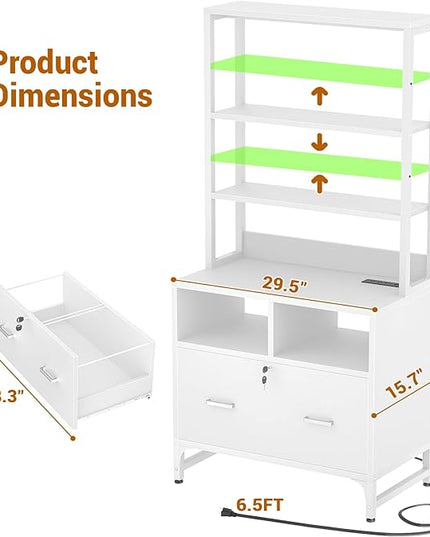 Homieasy File Cabinet with Charging Station, Vertical Filing Cabinet with Lock & Large Drawer, Printer Stand with Storage Shelves, Office Storage Cabinet fits Letter/A4/Legal Size, White - LeafyLoom