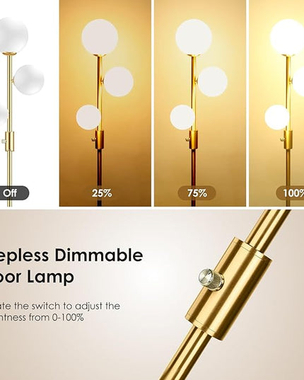 69" 3-Globe Mid Century Floor Lamp for Living Room, Modern Dimmable Tall Standing Lamp with Frosted Glass Shades, Contemporary Gold Pole Lamp for Bedroom Office, 3 LED Bulbs Included - LeafyLoom
