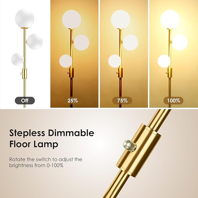 69" 3-Globe Mid Century Floor Lamp for Living Room, Modern Dimmable Tall Standing Lamp with Frosted Glass Shades, Contemporary Gold Pole Lamp for Bedroom Office, 3 LED Bulbs Included - LeafyLoom