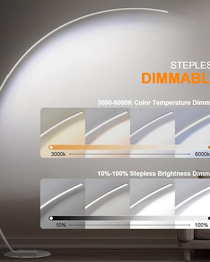 Dimmable LED Floor Lamp with 3 Color Temperatures, Ultra Bright 2000LM Brushed Nickel Arc Floor Lamps for Living Room, Modern Tall Lamp with Remote Control Reading Floor Lamp for Bedroom Office - LeafyLoom