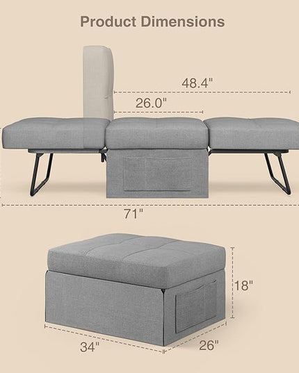 Aiho 4 in 1 Chair Bed, Sleeper Sofa Bed Convertible Chair, Assembly-Free Sofa Chair Bed with Adjustable Backrest Breathable Linen, for Living Room Apartment Office, Light Grey - LeafyLoom