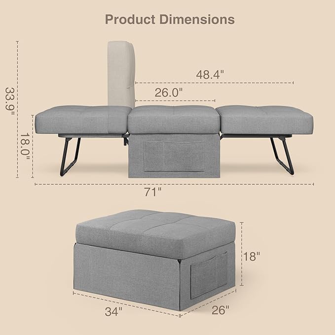 Aiho 4 in 1 Chair Bed, Sleeper Sofa Bed Convertible Chair, Assembly-Free Sofa Chair Bed with Adjustable Backrest Breathable Linen, for Living Room Apartment Office, Light Grey - LeafyLoom