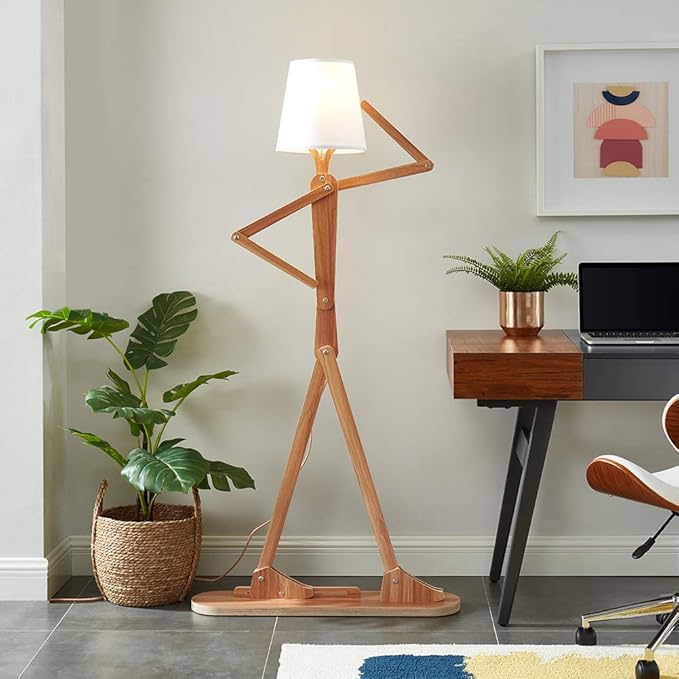 Cool Tall Floor Lamp for Living Room Bedroom Farmhouse - Corner Decorative Reading Standing Light Wood Creative Swing Arm Arc Design Gift for Kids/Boys/Girls Bedside - with LED Bulb (Ash) - LeafyLoom
