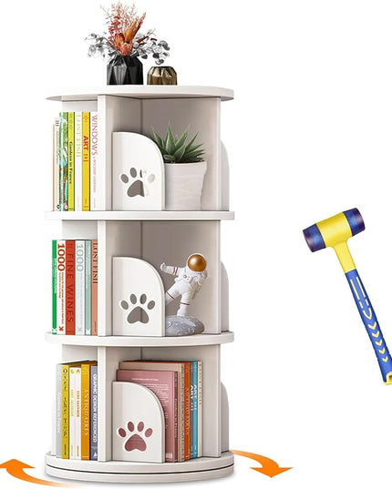 LEYUKEJI 360°Rotating Bookshelf 3-Tier Large Capacity 18" Diameter Kids Bookshelf PVC Plastic Display Cabinet,Corner Bookcase Space Saving Round Spinning Storage Rack With Small Silicone Hammer,White - LeafyLoom