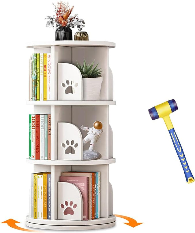 LEYUKEJI 360°Rotating Bookshelf 3-Tier Large Capacity 18" Diameter Kids Bookshelf PVC Plastic Display Cabinet,Corner Bookcase Space Saving Round Spinning Storage Rack With Small Silicone Hammer,White - LeafyLoom