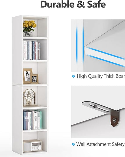 70.9 Inch Tall Narrow Bookcase, Corner Bookshelf 6 Tier Cube Display Shelf Storage Organizer for Small Space, White - LeafyLoom