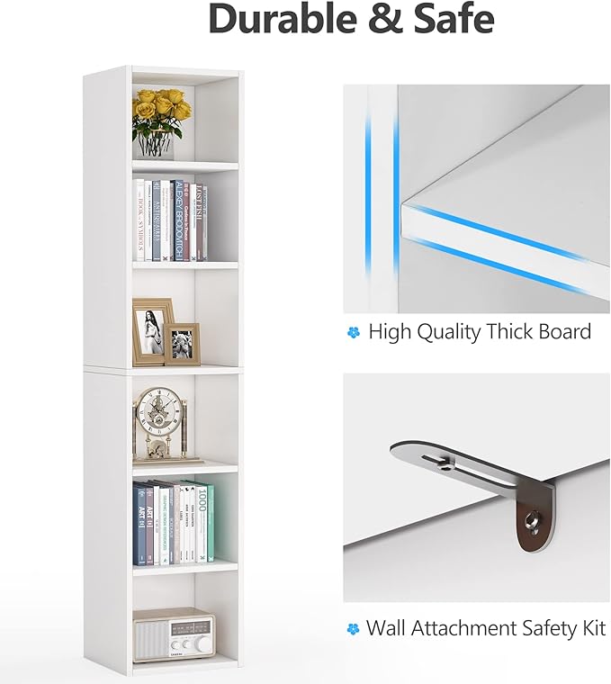 70.9 Inch Tall Narrow Bookcase, Corner Bookshelf 6 Tier Cube Display Shelf Storage Organizer for Small Space, White - LeafyLoom