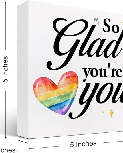 So Glad You're You Rainbow Heart Wood Box Sign Decor Desk Sign,Inspirational Affirmation Wooden Box Block Sign for Home Office Shelf Table Decor Decorations - LeafyLoom