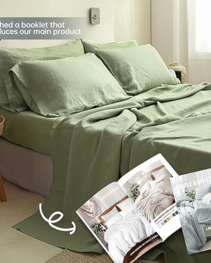 Simple&Opulence 100% Linen Sheet Set Solid Color- 6 Pcs Washed French Flax Bed Sheets (1 Flat Sheet, 1 Fitted Sheet, 4 Pillowcases) - Breathable Home Collection (Basic Sage Green, Queen) - LeafyLoom