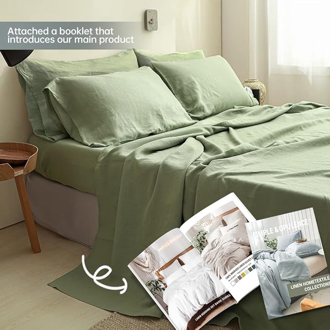 Simple&Opulence 100% Linen Sheet Set Solid Color- 6 Pcs Washed French Flax Bed Sheets (1 Flat Sheet, 1 Fitted Sheet, 4 Pillowcases) - Breathable Home Collection (Basic Sage Green, Queen) - LeafyLoom