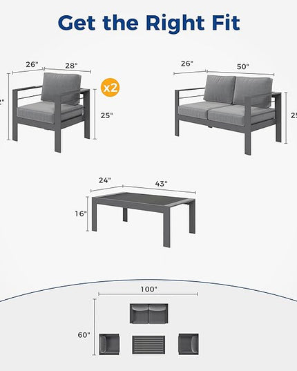 Wisteria Lane Outdoor Patio Furniture Set, 4 Pieces Aluminum Sectional Sofa, Metal Patio Conversation Set with Loveseat, 5 Inch Grey Cushion and Coffee Table (Dark Grey & Grey) - LeafyLoom