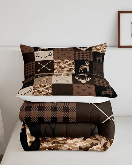 Camo Animal Kids Comforter Set Full Size,Deer Antlers Silhouette Bedding Set,Girls Boys Adults Bedroom/Xmas Decor,Checkered Geometric Down Comforter,Arrow Boho Retro Duvet Insert,3pcs,2 Pillowcases - LeafyLoom