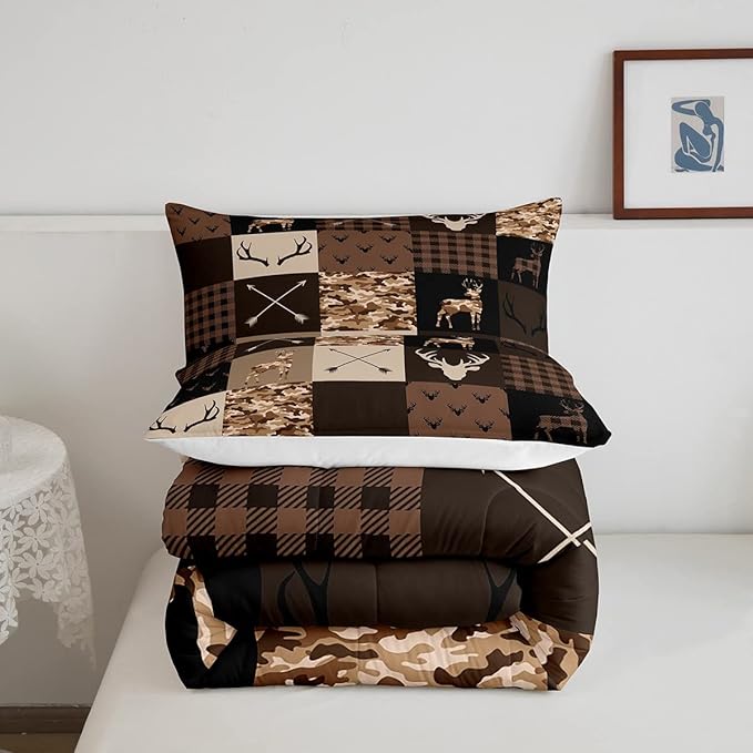 Camo Deer Antlers Kids Comforter Set Twin Size,Animal Arrow Silhouette Bedding Set,Girls Boys Adults Home/Xmas Cabin Decor,Lattice Patchwork Down Comforter,Brown Rustic Duvet Insert,2pcs,1 Pillowcase - LeafyLoom