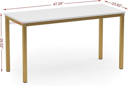 Teraves Computer Desk/Dining Table Office Desk Sturdy Writing Workstation for Home Office(47.24”, White+Golden Frame) - LeafyLoom