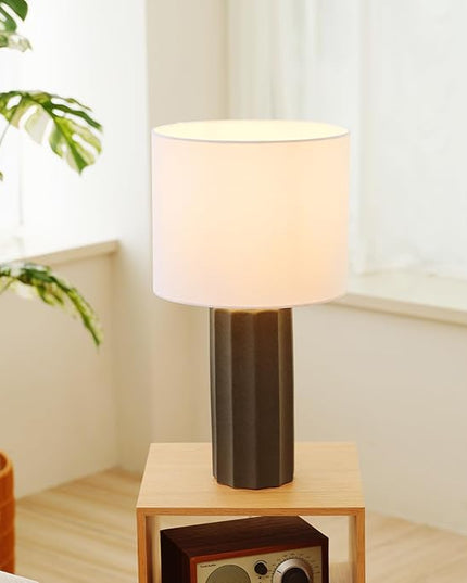 Globe Electric 61000061 20" Ribbed Ceramic Table Lamp, Dark Gray Concrete Finish, White Linen Shade, On/Off Rotary Switch on Socket, for Living Room, Bedroom, Office, Home Décor - LeafyLoom