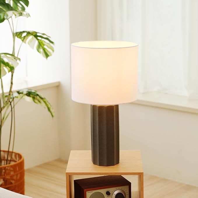 Globe Electric 61000061 20" Ribbed Ceramic Table Lamp, Dark Gray Concrete Finish, White Linen Shade, On/Off Rotary Switch on Socket, for Living Room, Bedroom, Office, Home Décor - LeafyLoom