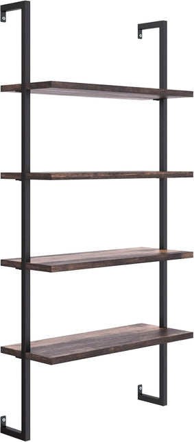 Nathan James Theo 4-Shelf Bookcase, Floating Wall Mount Shelves with Natural Wood and Industrial Pipe Metal Frame, Nutmeg/Black - LeafyLoom