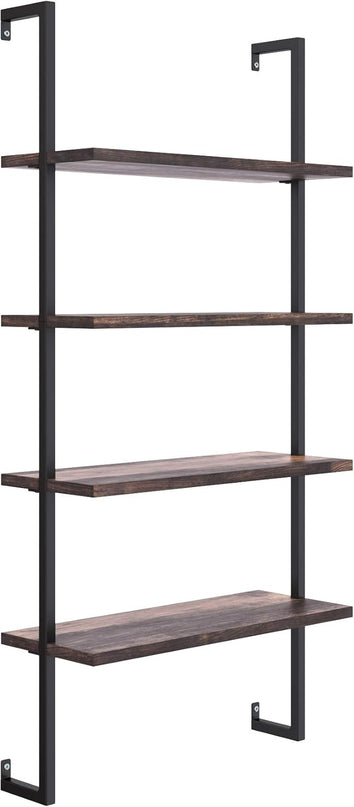 Nathan James Theo 4-Shelf Bookcase, Floating Wall Mount Shelves with Natural Wood and Industrial Pipe Metal Frame, Nutmeg/Black - LeafyLoom