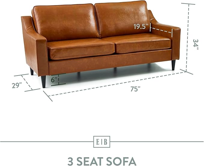 Edenbrook Jensen Upholstered Couch - Couches for Living Room - Camel Faux Leather Couch - Living Room Furniture - Small Couch - Seats Three - Scoop Arm Modern Couch - LeafyLoom