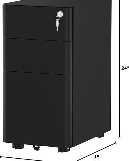 YITAHOME 3-Drawer Metal Filing Cabinet Office, Compact Portable Slim File Cabinet Drawers with Keys, Pre-Built Office Storage Cabinet for A4/Letter/Legal (Black) - LeafyLoom