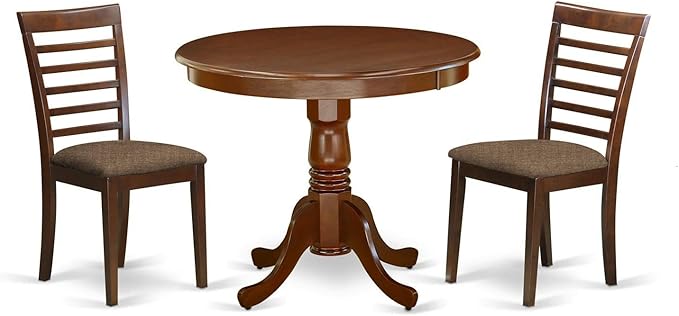 East West Furniture ANML3-MAH-C 3 Piece Set for Small Spaces Contains a Round Table with Pedestal and 2 Linen Fabric Kitchen Dining Chairs, 36x36 Inch, Mahogany - LeafyLoom