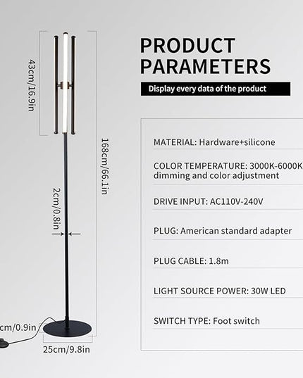 Ganeed LED Floor Lamp,Modern Tall Standing Lamps with 3 Lights,30W 3 Color Temperature & Stepless Dimmable Brightness with Remote,66.5 in Corner Lamp for Living Room, Office, Hotel, Bedroom - LeafyLoom