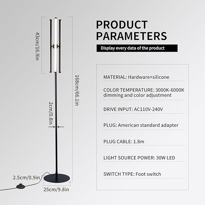 Ganeed LED Floor Lamp,Modern Tall Standing Lamps with 3 Lights,30W 3 Color Temperature & Stepless Dimmable Brightness with Remote,66.5 in Corner Lamp for Living Room, Office, Hotel, Bedroom - LeafyLoom