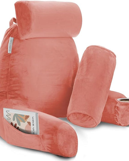 Clara Clark Reading Pillow, Large Back Pillow for Sitting Up in Bed, Memory Foam Back Support Pillow, Reading Pillows for Sitting in Bed Adult, Misty Rose Sit Up Pillow for Bed with Arms and Pockets - LeafyLoom