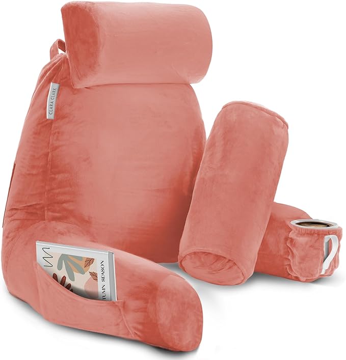 Clara Clark Reading Pillow, Large Back Pillow for Sitting Up in Bed, Memory Foam Back Support Pillow, Reading Pillows for Sitting in Bed Adult, Misty Rose Sit Up Pillow for Bed with Arms and Pockets - LeafyLoom