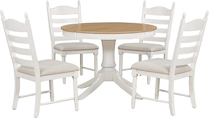 RITSU 5-Piece Round Extendable Dining Set, Included Solid Wood 42"-58'' Adjustable Tables and 4 Upholstered Chairs, Retro Functional Dinette Furniture for Kitchen Living Room, Off White - LeafyLoom