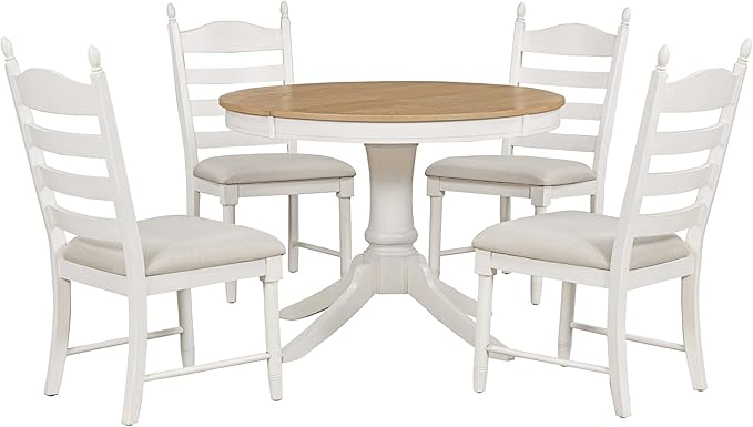 RITSU 5-Piece Round Extendable Dining Set, Included Solid Wood 42"-58'' Adjustable Tables and 4 Upholstered Chairs, Retro Functional Dinette Furniture for Kitchen Living Room, Off White - LeafyLoom