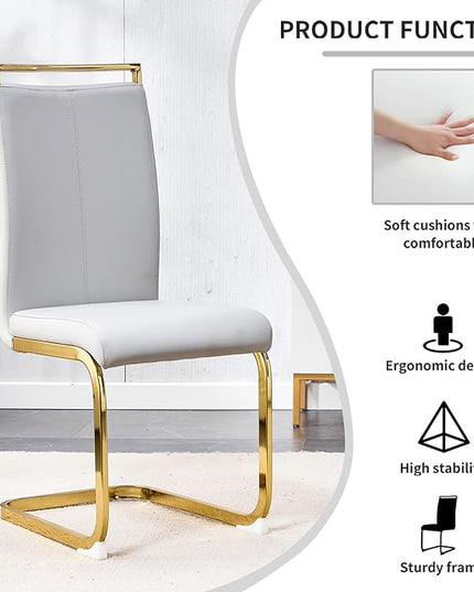 Modern Dining Chairs Set of 6,High Back Light Grey Kitchen Chairs,Faux Leather Side Chair with Gold Plated Metal Legs,Easy to Clean Upholstered Dining Chairs,Ideal for Living Room - LeafyLoom