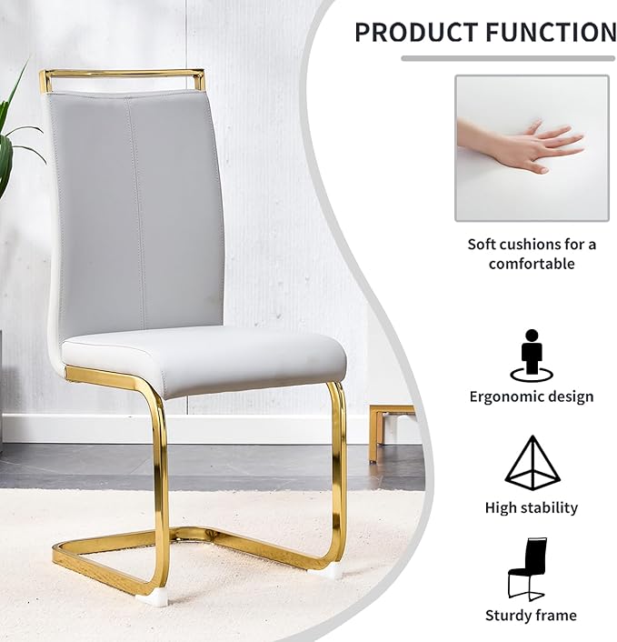 Modern Dining Chairs Set of 6,High Back Light Grey Kitchen Chairs,Faux Leather Side Chair with Gold Plated Metal Legs,Easy to Clean Upholstered Dining Chairs,Ideal for Living Room - LeafyLoom