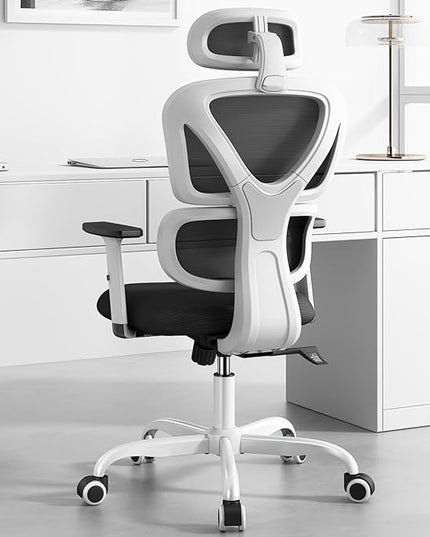 Sytas Ergonomic Office Chair, High Back Mesh Desk Chair with Lumbar Support and Adjustable Headrest, Executive Swivel Computer Chair for Home Office, Tilt Function, White - LeafyLoom