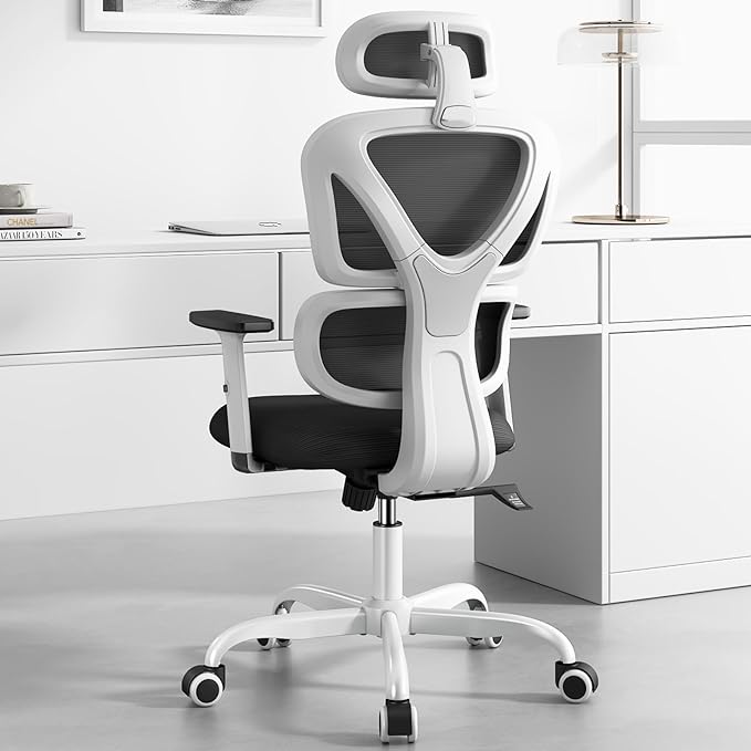 Sytas Ergonomic Office Chair, High Back Mesh Desk Chair with Lumbar Support and Adjustable Headrest, Executive Swivel Computer Chair for Home Office, Tilt Function, White - LeafyLoom