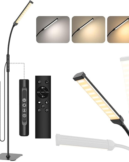 LED Floor Lamp, Bright Floor Lamps for Living Room, Dimmable 3 Color Modes 3000K-6000K & 10 Brightness Standing Lamp, Gooseneck Reading Lamp with Remote Button & Touch Control for Bedroom - LeafyLoom