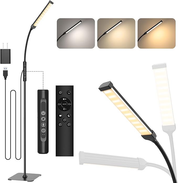 LED Floor Lamp, Bright Floor Lamps for Living Room, Dimmable 3 Color Modes 3000K-6000K & 10 Brightness Standing Lamp, Gooseneck Reading Lamp with Remote Button & Touch Control for Bedroom - LeafyLoom
