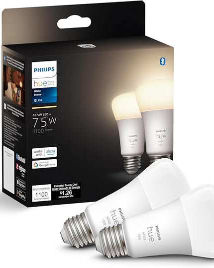 Philips Hue Smart 75W A19 LED Bulb - Soft Warm White Light - 2 Pack - 1100LM - E26 - Indoor - Control with Hue App - Works with Alexa, Google Assistant and Apple Homekit PhilipsHue