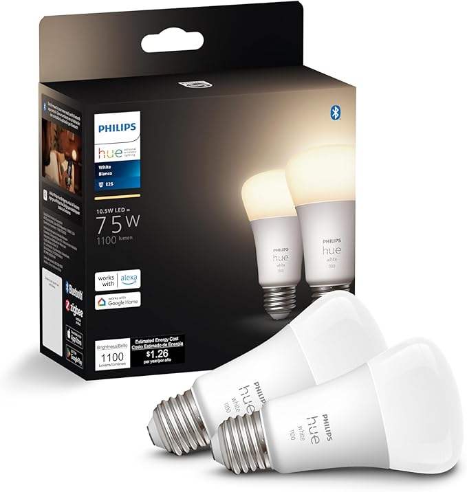 Philips Hue Smart 75W A19 LED Bulb - Soft Warm White Light - 2 Pack - 1100LM - E26 - Indoor - Control with Hue App - Works with Alexa, Google Assistant and Apple Homekit PhilipsHue