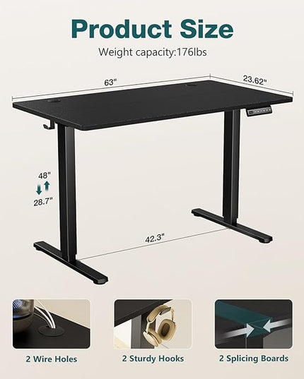 SMUG Standing Desk, Adjustable Height Electric Sit Stand Up Down Computer Table, 63x24 Inch Ergonomic Rising Desks for Work Office Home, Modern Lift Motorized Gaming Desktop Workstation, Black - LeafyLoom