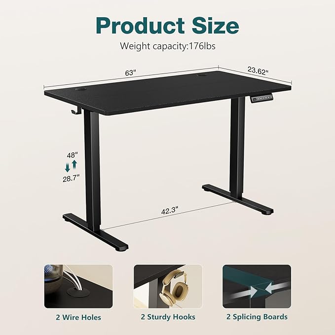 SMUG Standing Desk, Adjustable Height Electric Sit Stand Up Down Computer Table, 63x24 Inch Ergonomic Rising Desks for Work Office Home, Modern Lift Motorized Gaming Desktop Workstation, Black - LeafyLoom