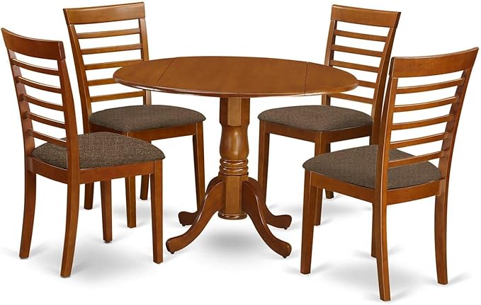 East West Furniture Dublin 5 Piece Dinette Set for 4 Includes a Round Room Table with Dropleaf and 4 Linen Fabric Upholstered Dining Chairs, 42x42 Inch, Saddle Brown - LeafyLoom
