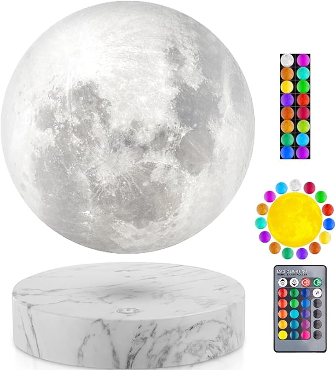 VGAzer Levitating Moon Lamp,Floating and Spinning in Air Freely with 3D Printing LED Moon Light Has 16 Colors 20 Modes for Unique Christmas Gifts,Room Decor (Marble Base 16 Colors) - LeafyLoom