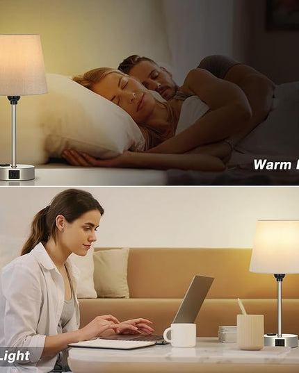 Table Lamps for Bedrooms Set of 2 Bedside - Nightstand Bedroom Lamp with USB C Port and AC Outlet Charging, Dimmable Touch Small End Side Lamp, Grey Night Stand Light for Kid/Guest Room/Living Room - LeafyLoom