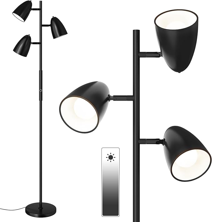 addlon dimmable Tree Floor Lamp with 3 LED Bulbs, Adjustable Rotating Lights, Standing Tall Pole Lamps for Living Room, Bedroom, Home, Office - Black & Gold - LeafyLoom