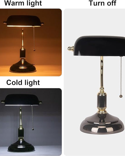 FIRVRE Bankers Desk Lamp with Pull Chain Switch Plug in Fixture, Black Glass Shade Desk Lamps, Golden and Black E26 Base, Traditional Library Lamp for Office,Piano,Study Room - LeafyLoom