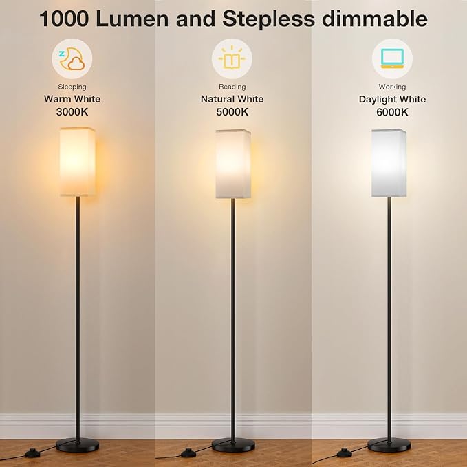 Ambimall Remote Control Floor Lamp, Stepless Dimmable, 64 Inches Tall, Include 9W Bulb, Standing Lamp for Living Room Bedroom Office (White & Black) - LeafyLoom